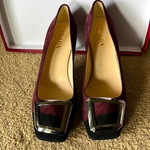 Prada Suede Burgundy Chunky Heel, square toe